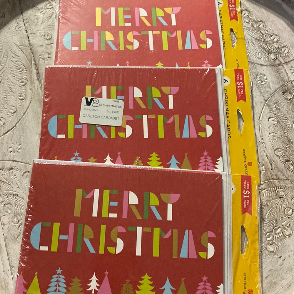 18 American Greetings Merry Christmas cards gold embossed whimsical tree pink